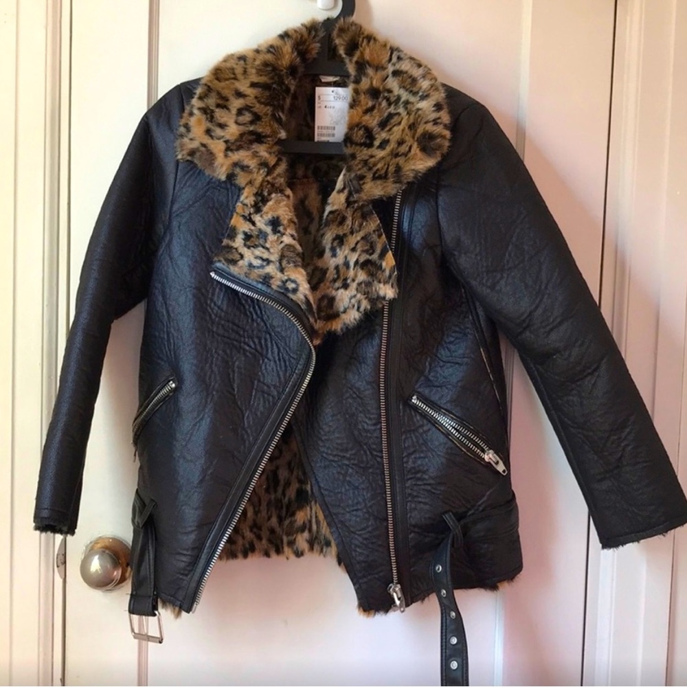 H&M Oversized Moto Jacket with Leopard Print Lining